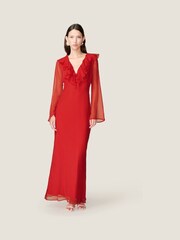 Omnes Red Yvette Chiffon V-Neck Flared Sleeves Ruffle Detail Dress - Image 1 of 4