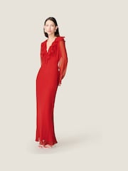 Omnes Red Yvette Chiffon V-Neck Flared Sleeves Ruffle Detail Dress - Image 2 of 4