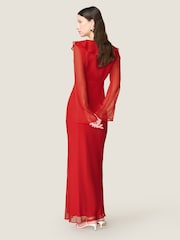 Omnes Red Yvette Chiffon V-Neck Flared Sleeves Ruffle Detail Dress - Image 3 of 4