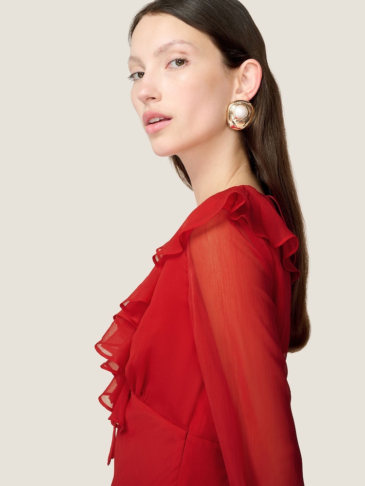 Omnes Red Yvette Chiffon V-Neck Flared Sleeves Ruffle Detail Dress - Image 4 of 4