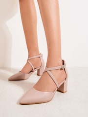 Friends Like These Nude Standard Fit Faux Leather Cross Strap Mid Block Heel Court Shoes - Image 1 of 5