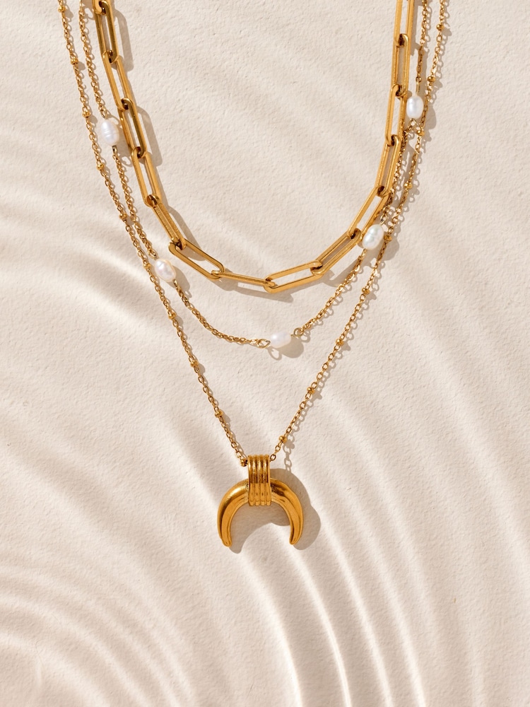 Gold Tone Stainless Steel Waterproof 3 Layer Pendant Necklace - Image 1 of 4