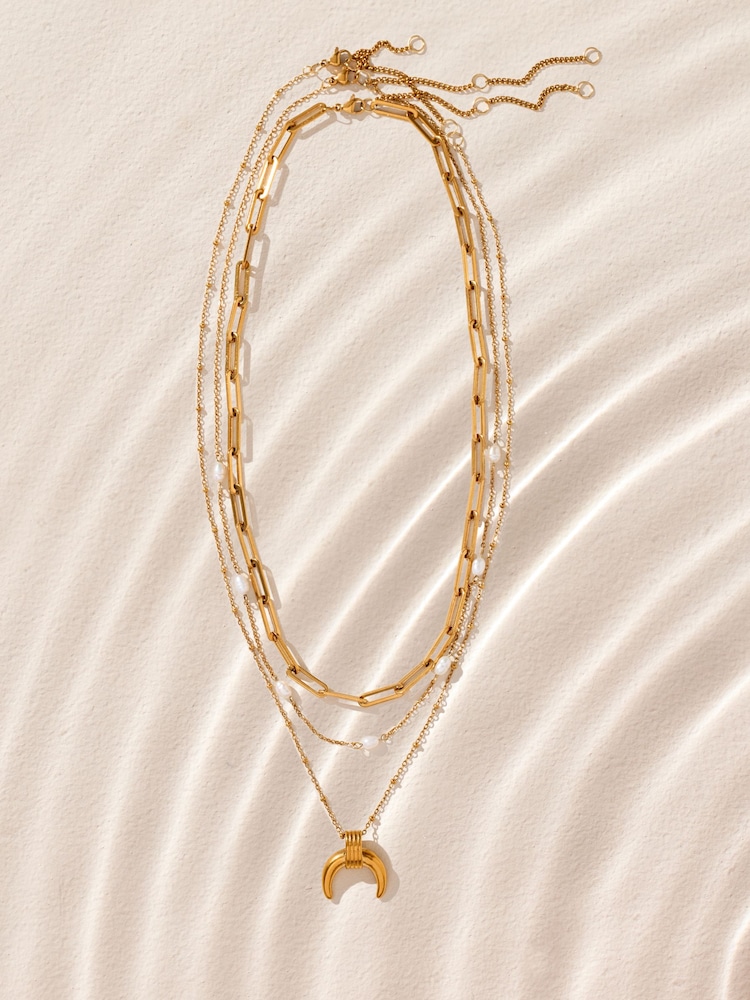 Gold Tone Stainless Steel Waterproof 3 Layer Pendant Necklace - Image 2 of 4