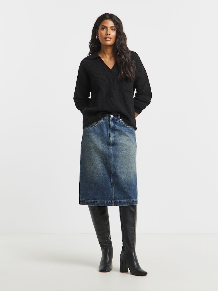 Simply Be Blue Vintage Wash Knee Length Skirt - Image 1 of 4 Simply Be Blue Vintage Wash Knee Length Skirt - Image 1 of 4