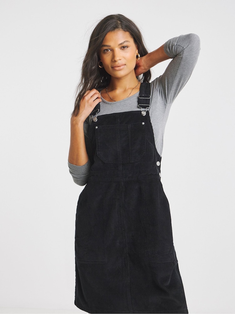 Simply Be Black Cord Mini Dungaree Dress - Image 1 of 4