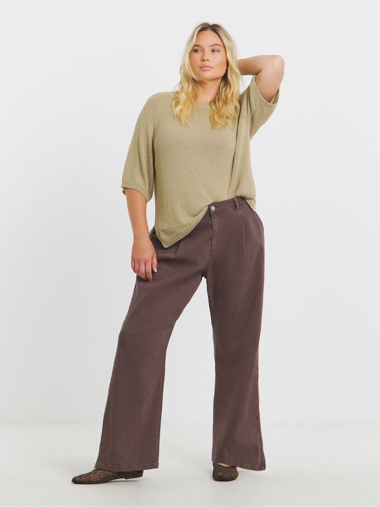 Simply Be Brown Pleated Wide Leg Jeans - Image 1 of 4