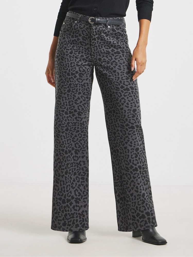 Simply Be Grey Leopard Print Wide Leg Jeans - Image 1 of 4 Simply Be Grey Leopard Print Wide Leg Jeans - Image 1 of 4