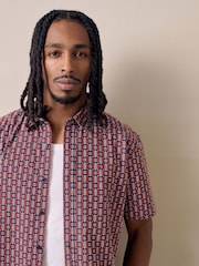 Navy Textured Embroidered Short Sleeve Shirt - Image 4 of 7