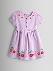JoJo Maman Bébé Lilac Purple Cherry Appliqué Pocket Flutter Sleeve Dress - Image 1 of 3