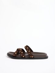 Love & Roses Chocolate Brown Faux Suede Dome Studded Mid Block Heel Occasion Sandals - Image 5 of 5