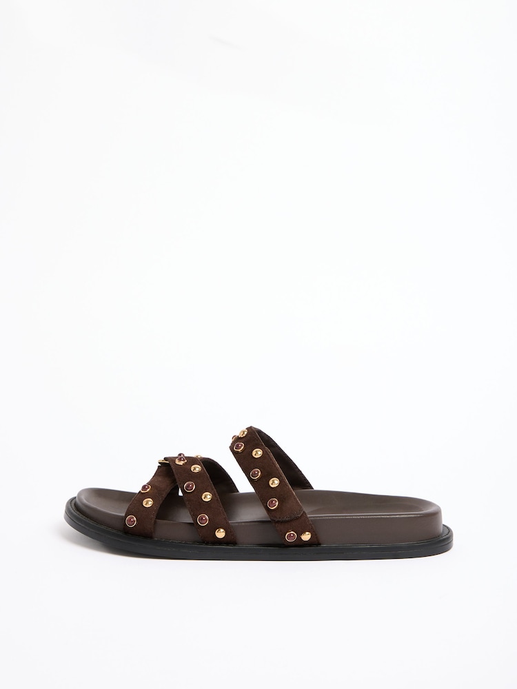 Love & Roses Chocolate Brown Faux Suede Dome Studded Mid Block Heel Occasion Sandals - Image 5 of 5