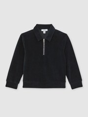 Reiss Navy Blue Bert 9-13 yrs Corduroy Half-Zip Polo Shirt - Image 2 of 4