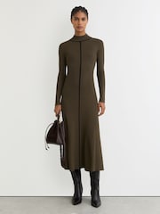 Reiss Khaki Green Polly Knitted Midi Dress - Image 1 of 6