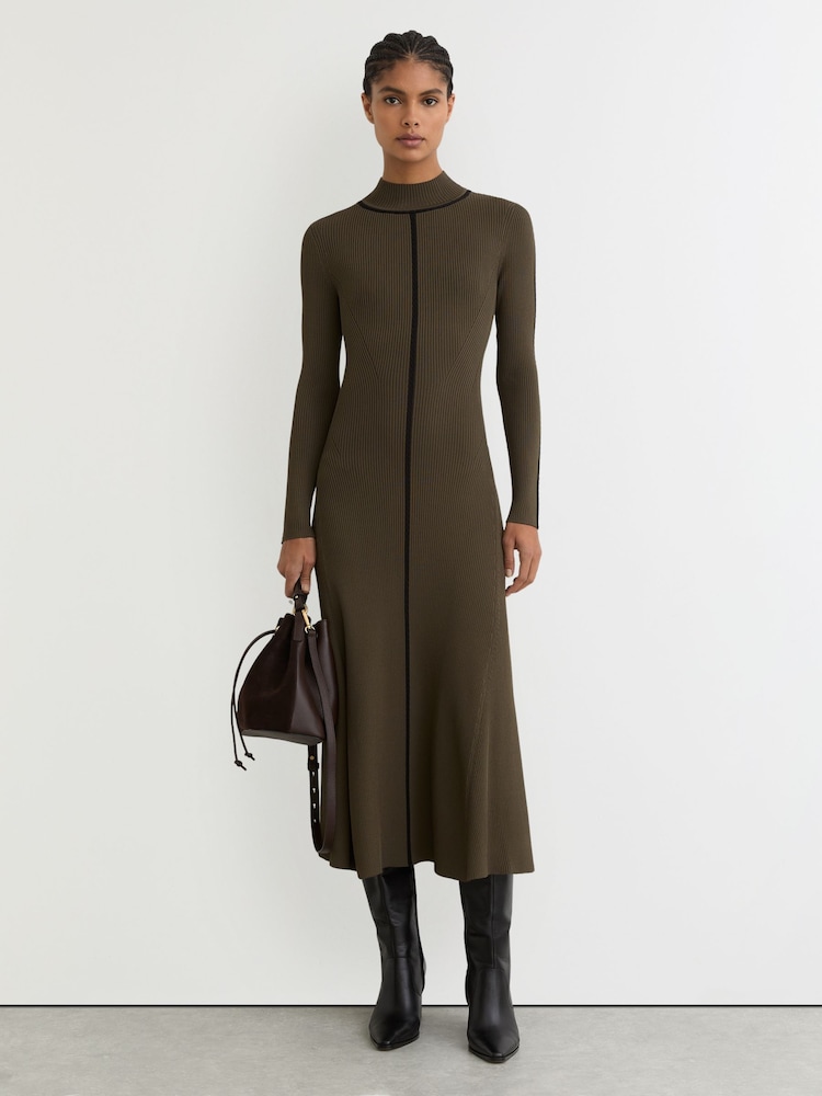 Reiss Khaki Green Polly Knitted Midi Dress - Image 1 of 6 Reiss Khaki Green Polly Knitted Midi Dress - Image 1 of 6