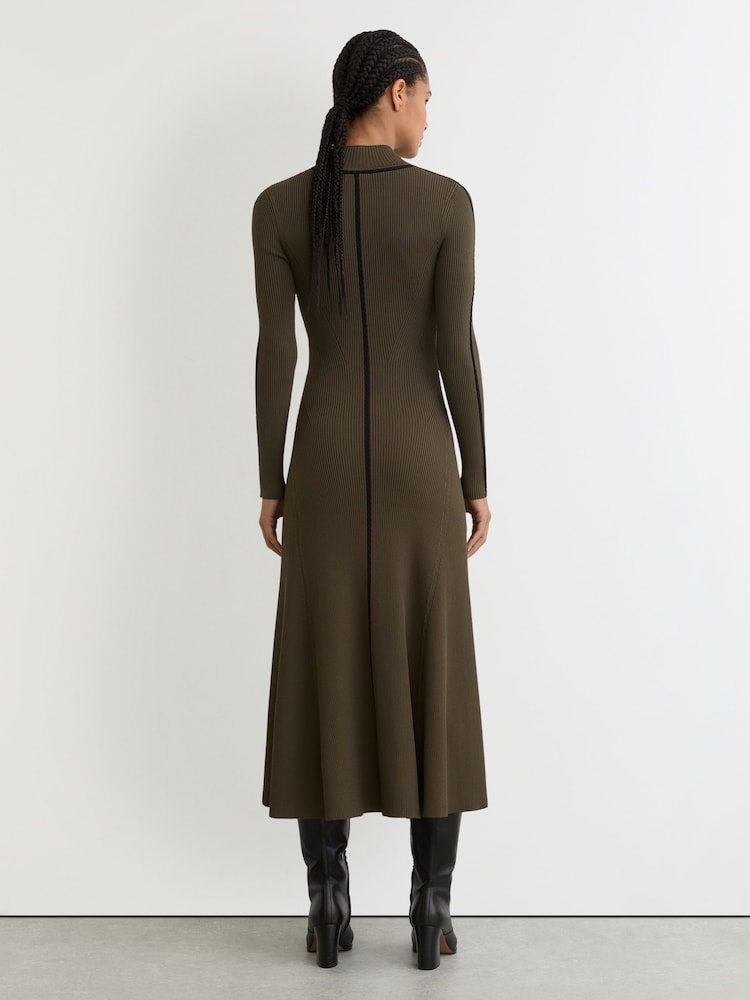 Reiss Polly - Khaki Green Polly Contrast-stitch Knitted Midi Dress, S Reiss Polly - Khaki Green Polly Contrast-stitch Knitted Midi Dress, S