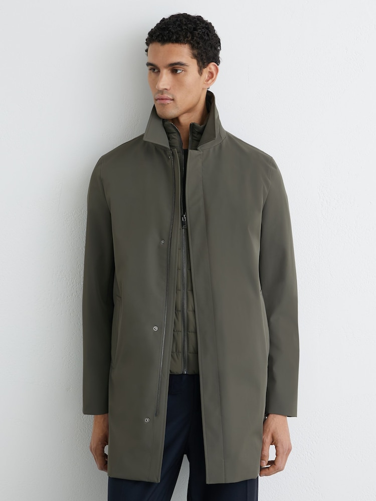 Reiss Khaki Green Logan Removable-Gilet Hybrid Overcoat - Image 1 of 6