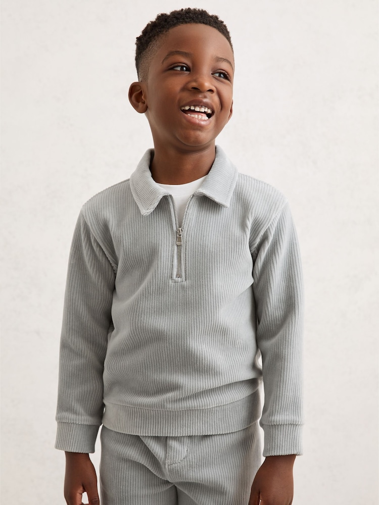 Reiss Soft Grey Bert Corduroy Half-Zip Polo Shirt - Image 2 of 4 Reiss Soft Grey Bert Corduroy Half-Zip Polo Shirt - Image 2 of 4