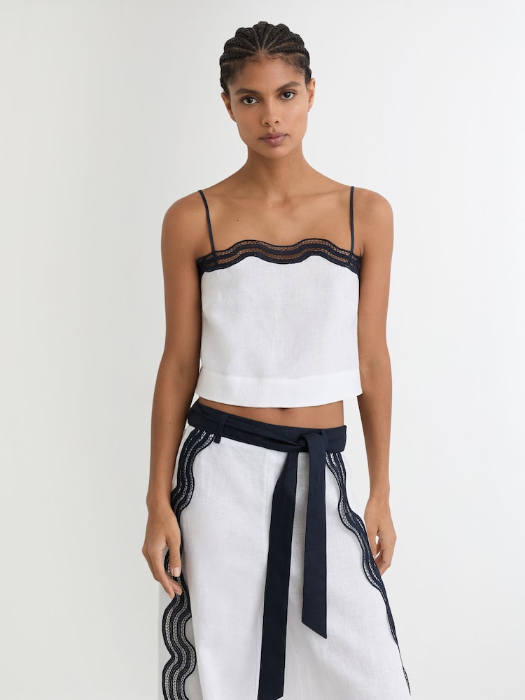 Reiss Ivory/Navy Felicity Linen Scallop-Trim Cami Top - Image 1 of 7 Reiss Ivory/Navy Felicity Linen Scallop-Trim Cami Top - Image 1 of 7