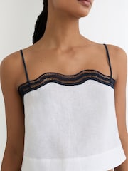 Reiss Ivory/Navy Felicity Linen Scallop-Trim Cami Top - Image 4 of 7
