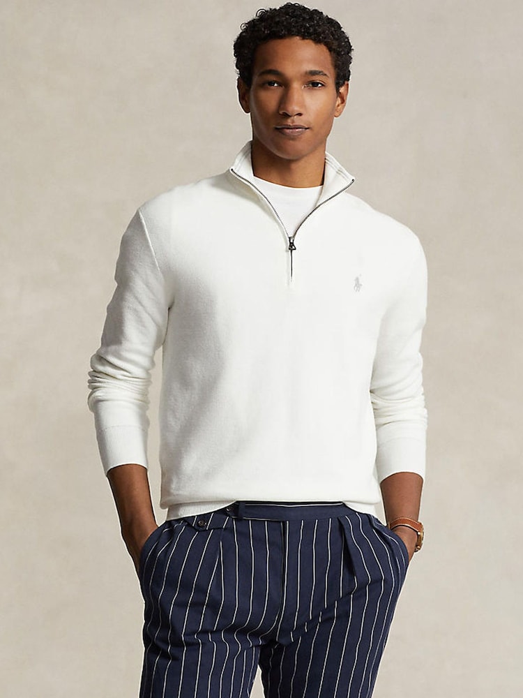 Polo Ralph Lauren Deckwash White Mesh Knit Cotton Quarter Zip Jumper - Image 1 of 5