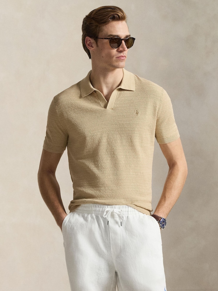 Polo Ralph Lauren Dune Tan Cotton Linen Knit Polo Shirt - Image 1 of 8