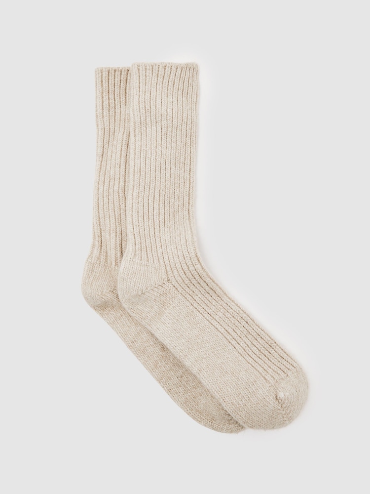 Reiss Oatmeal Chuck Rib-Knit Socks with Wool and Cashmere - Image 1 of 3 Reiss Oatmeal Chuck Rib-Knit Socks with Wool and Cashmere - Image 1 of 3