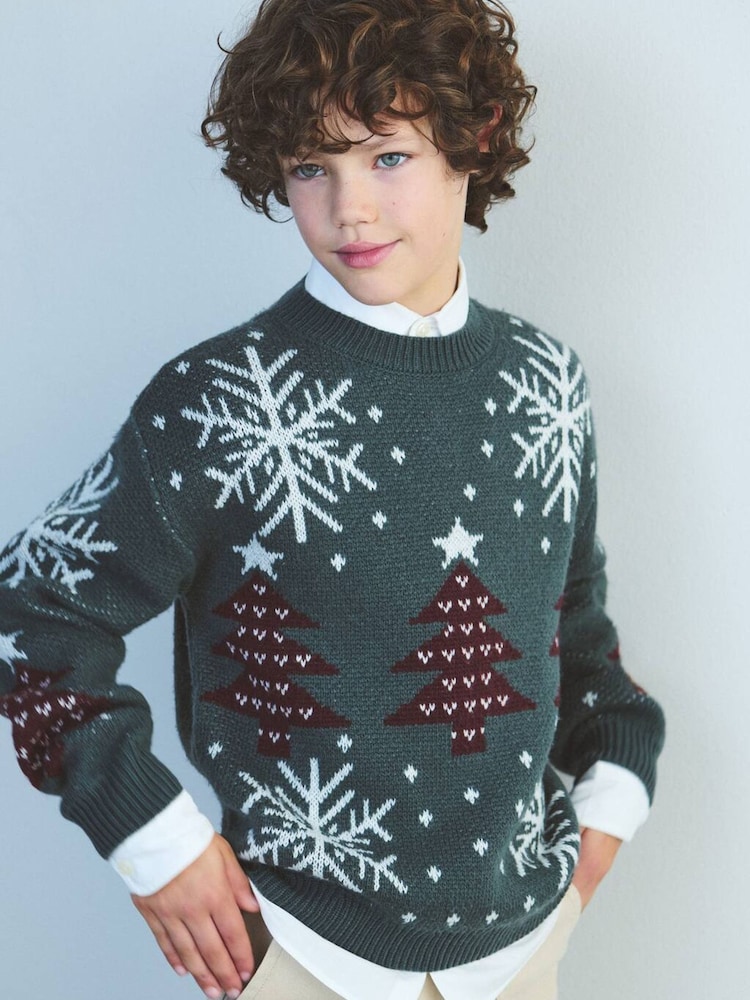 Mango Green Snow Christmas Jumper - Image 1 of 4 Mango Green Snow Christmas Jumper - Image 1 of 4