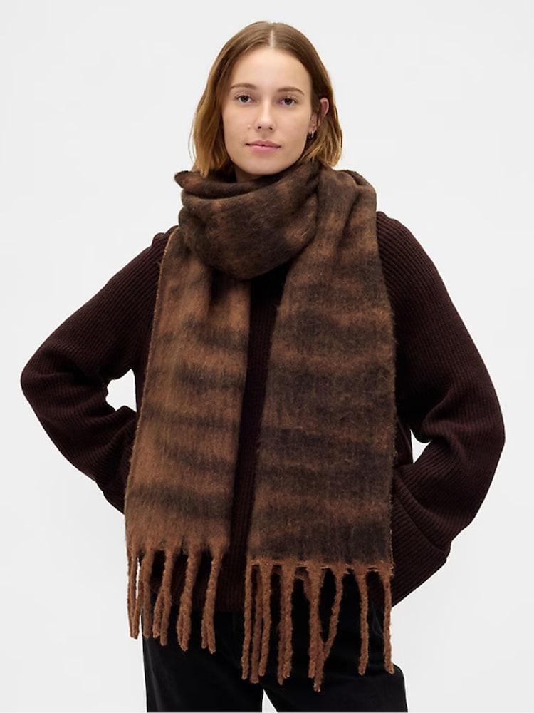 Gap Brown Tiger Print Brushed Fringe Scarf with Wool - Image 2 of 5