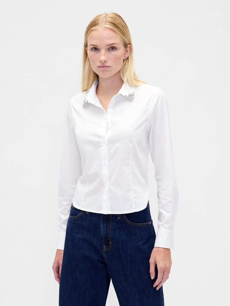 Gap White Long Sleeve Fitted Crop Shirt - Image 1 of 4