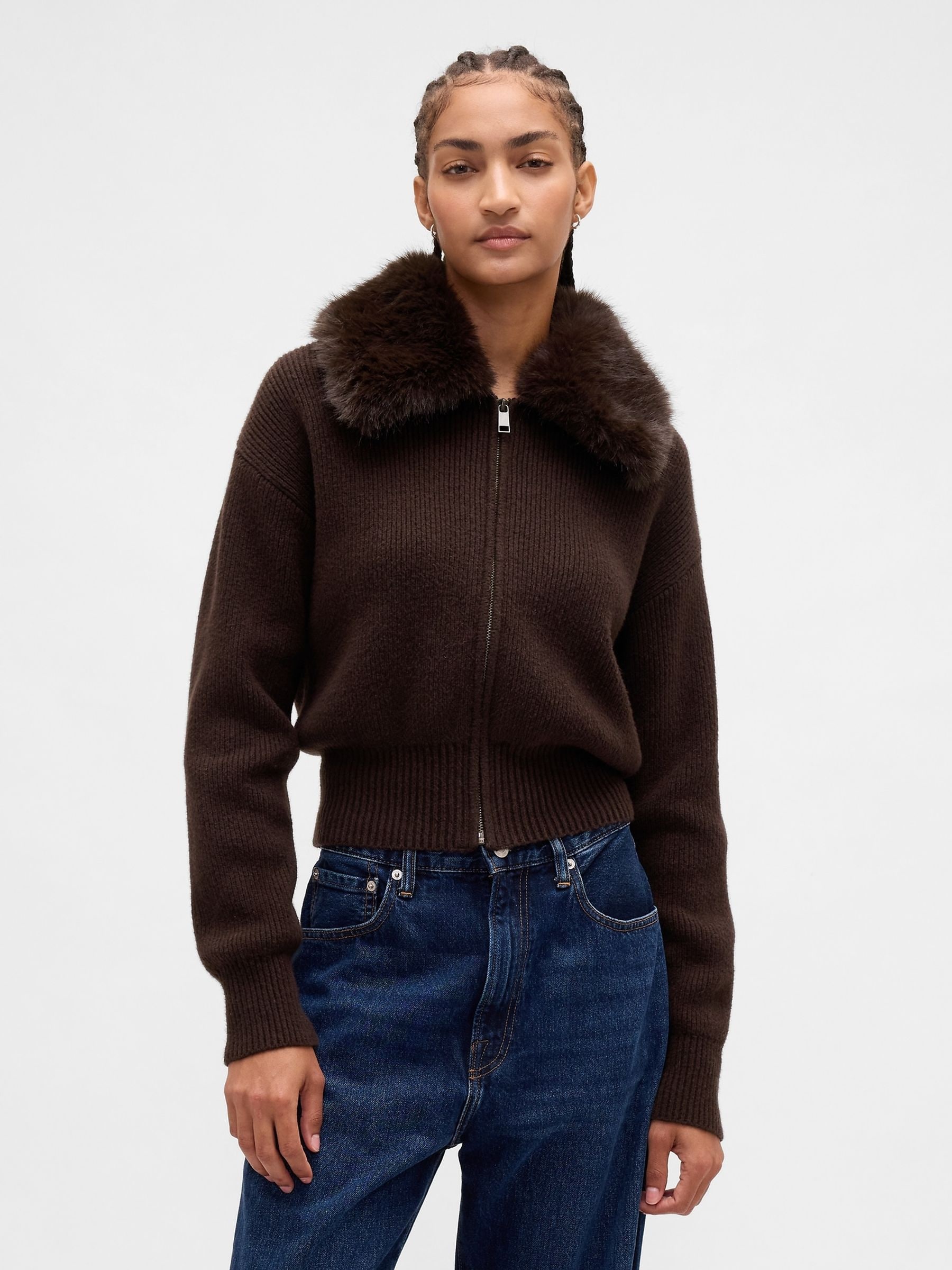 Buy Gap Brown CashSoft Faux-Fur Collar Zip Cardigan from the Next