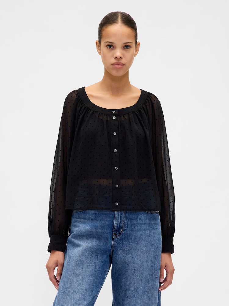 Gap Black Sheer Button-Front Top - Image 1 of 4 Gap Black Sheer Button-Front Top - Image 1 of 4