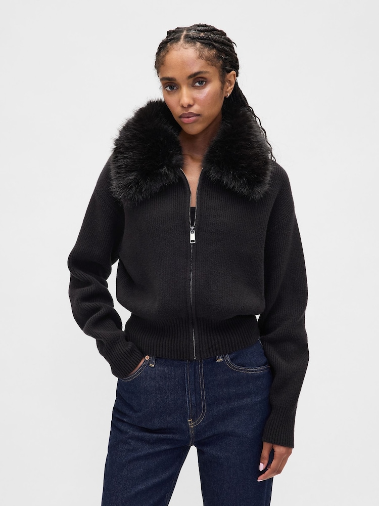 Gap Black CashSoft Faux-Fur Collar Zip Cardigan - Image 1 of 4 Gap Black CashSoft Faux-Fur Collar Zip Cardigan - Image 1 of 4
