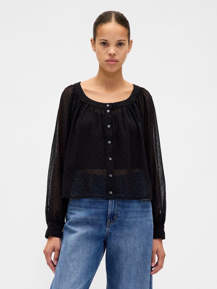 Gap Black Sheer Button Front Top - Image 1 of 4 Gap Black Sheer Button Front Top - Image 1 of 4