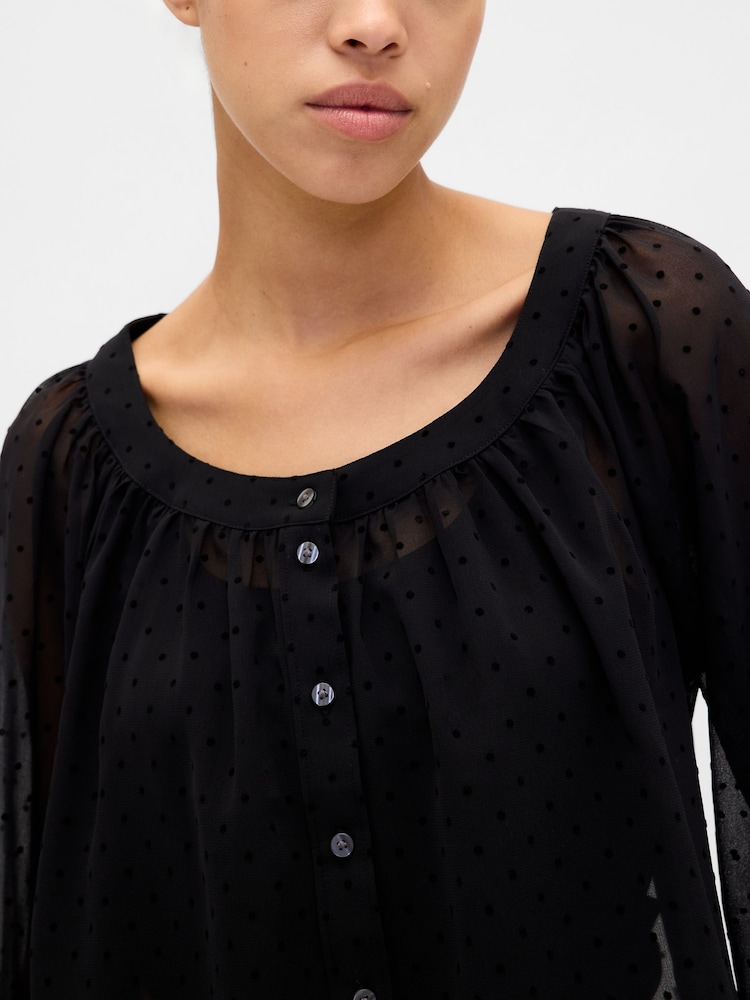 Gap Black Sheer Button Front Top - Image 4 of 4 Gap Black Sheer Button Front Top - Image 4 of 4