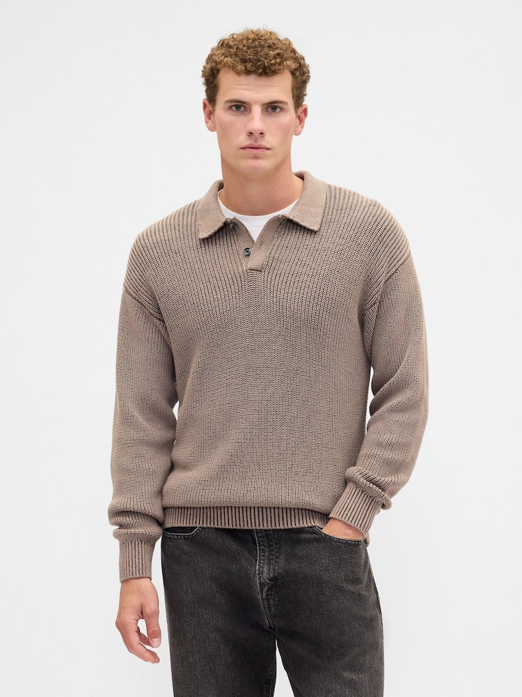 Gap Brown Relaxed Ribbed Jumper Polo Shirt - Image 1 of 5 Gap Brown Relaxed Ribbed Jumper Polo Shirt - Image 1 of 5