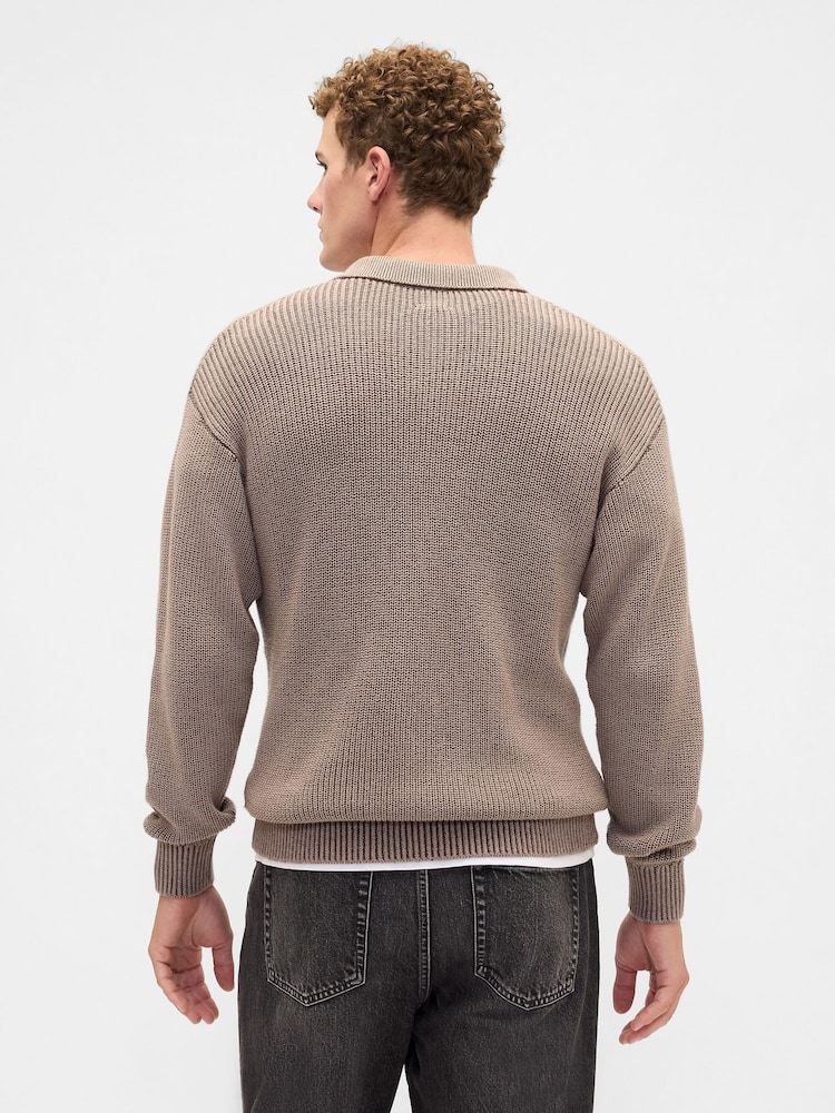 Gap Brown Relaxed Ribbed Jumper Polo Shirt - Image 2 of 5 Gap Brown Relaxed Ribbed Jumper Polo Shirt - Image 2 of 5