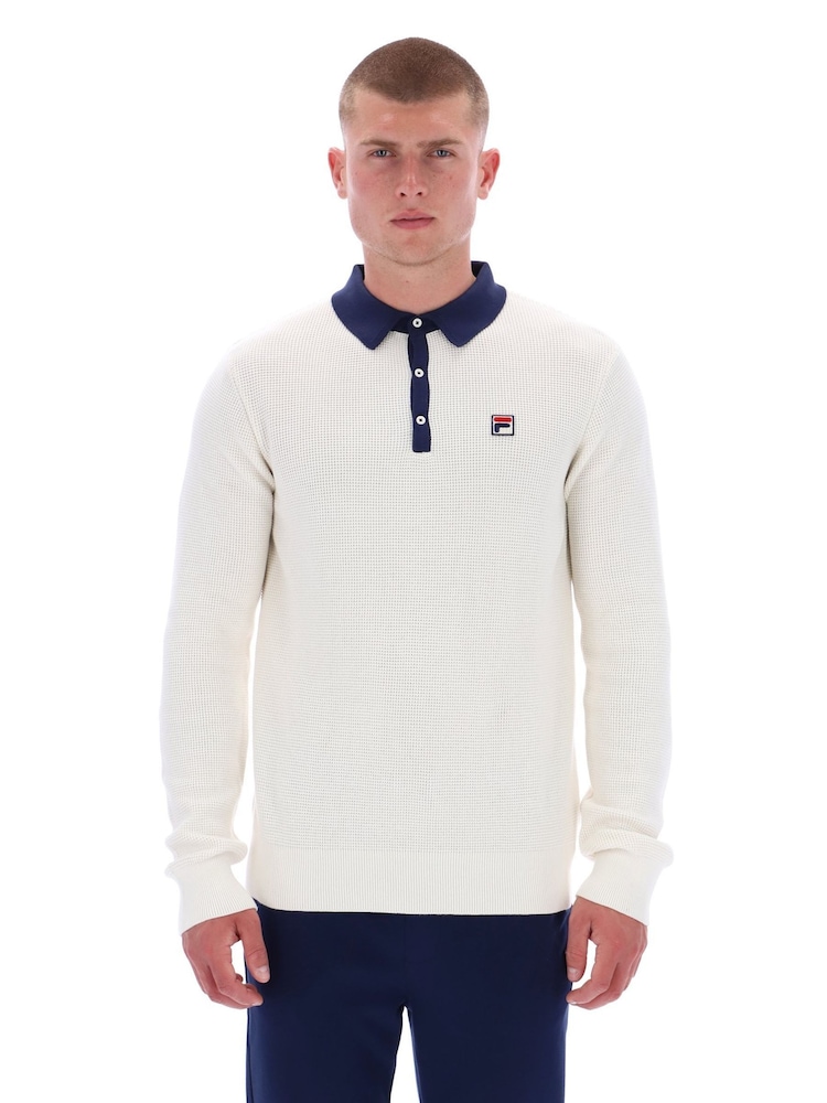 Fila Cream Nowell Waffle Knitted Long Sleeve Polo Shirt - Image 1 of 6 Fila Cream Nowell Waffle Knitted Long Sleeve Polo Shirt - Image 1 of 6