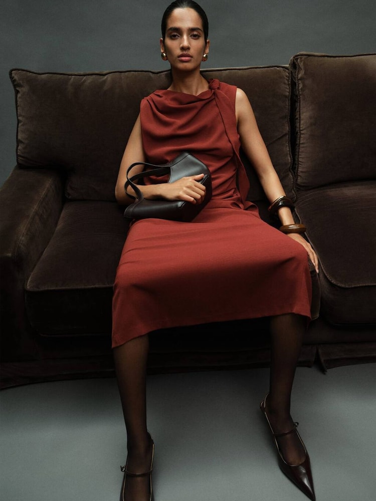 Mango Red Ruched Dress With Knot Detail - Image 2 of 7 Mango Red Ruched Dress With Knot Detail - Image 2 of 7
