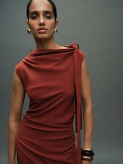 Mango Red Ruched Dress With Knot Detail - Image 5 of 7