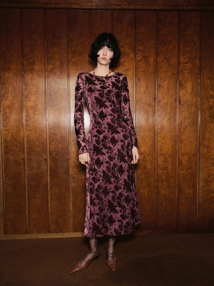 Mango Purple Floral Jacquard Dress With Bell Sleeves - Image 1 of 5