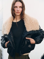Mango Black Faux Leather Jacket With Sheepskin Collar - Image 1 of 7