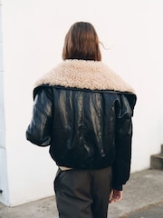 Mango Black Faux Leather Jacket With Sheepskin Collar - Image 3 of 7