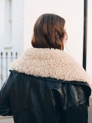 Mango Black Faux Leather Jacket With Sheepskin Collar - Image 4 of 7