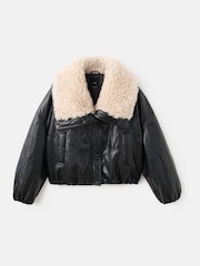 Mango Black Faux Leather Jacket With Sheepskin Collar - Image 6 of 7