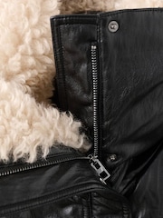 Mango Black Faux Leather Jacket With Sheepskin Collar - Image 7 of 7