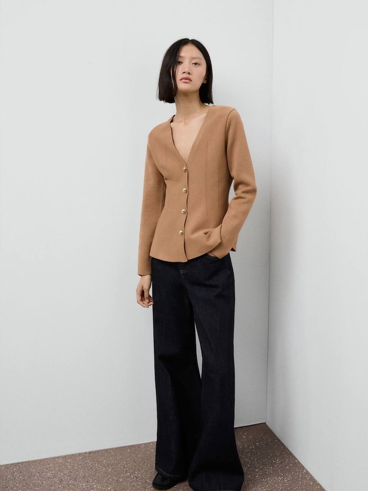 Mango Brown Fitted Knitted Jacket With Buttons - Image 1 of 6