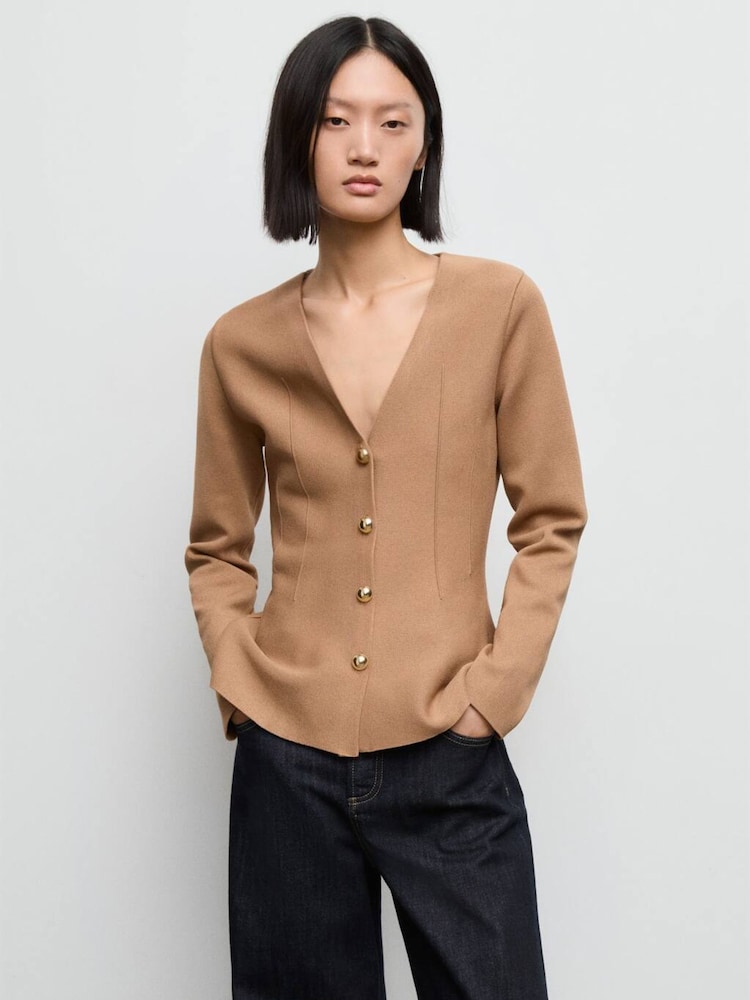 Mango Brown Fitted Knitted Jacket With Buttons - Image 2 of 6