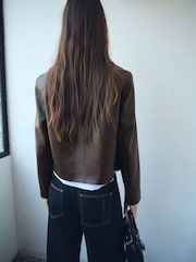 Mango Brown Leather-Effect Jacket With Pockets - Image 2 of 6