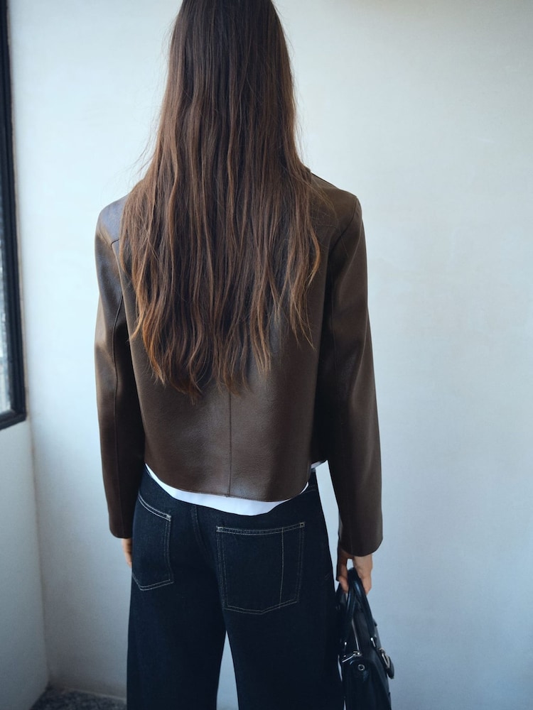 Mango Brown Leather-Effect Jacket With Pockets - Image 2 of 6