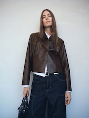 Mango Brown Leather-Effect Jacket With Pockets - Image 3 of 6